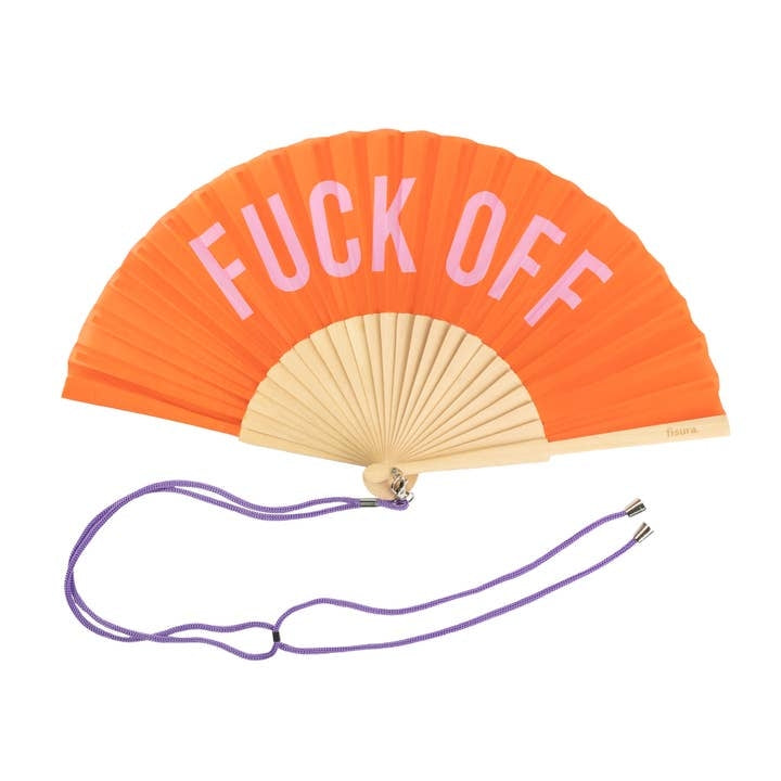 Handheld fan with wooden ribs and an orange coloured design with the text 'FUCK OFF' in printed in pink.  The fan is attached to a purple lanyard to wear around your neck. 