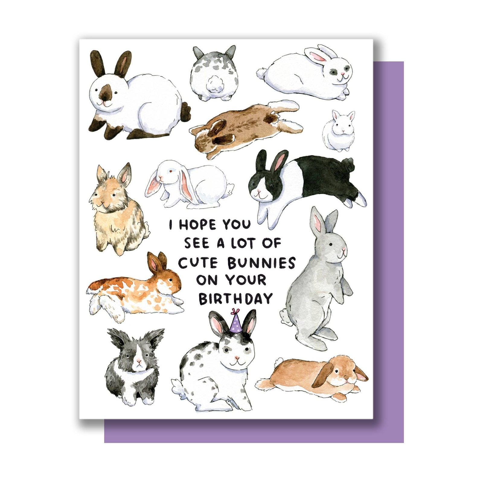 Greeting card with illustrations of rabbits and the text 'I hope you see a lot of cute bunnies on your birthday'.