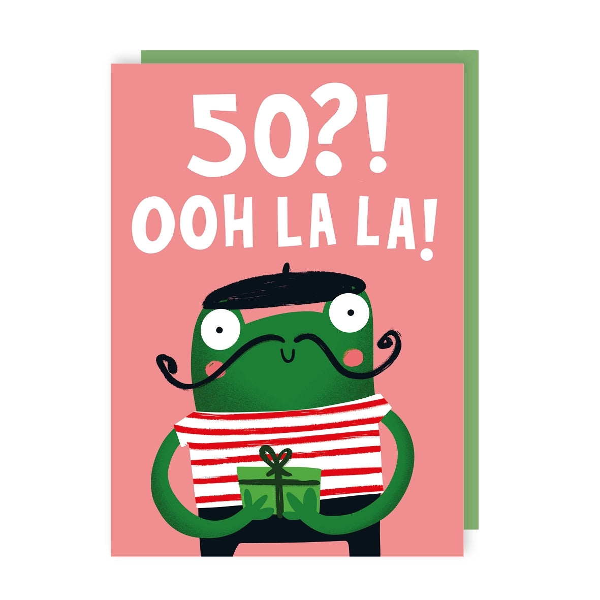 Greeting card featuring an illustration of a French frog wearing a mustache, black beret and striped shirt and holding a gift. The text '50?! Ooh La La!' sit on a pink background. 