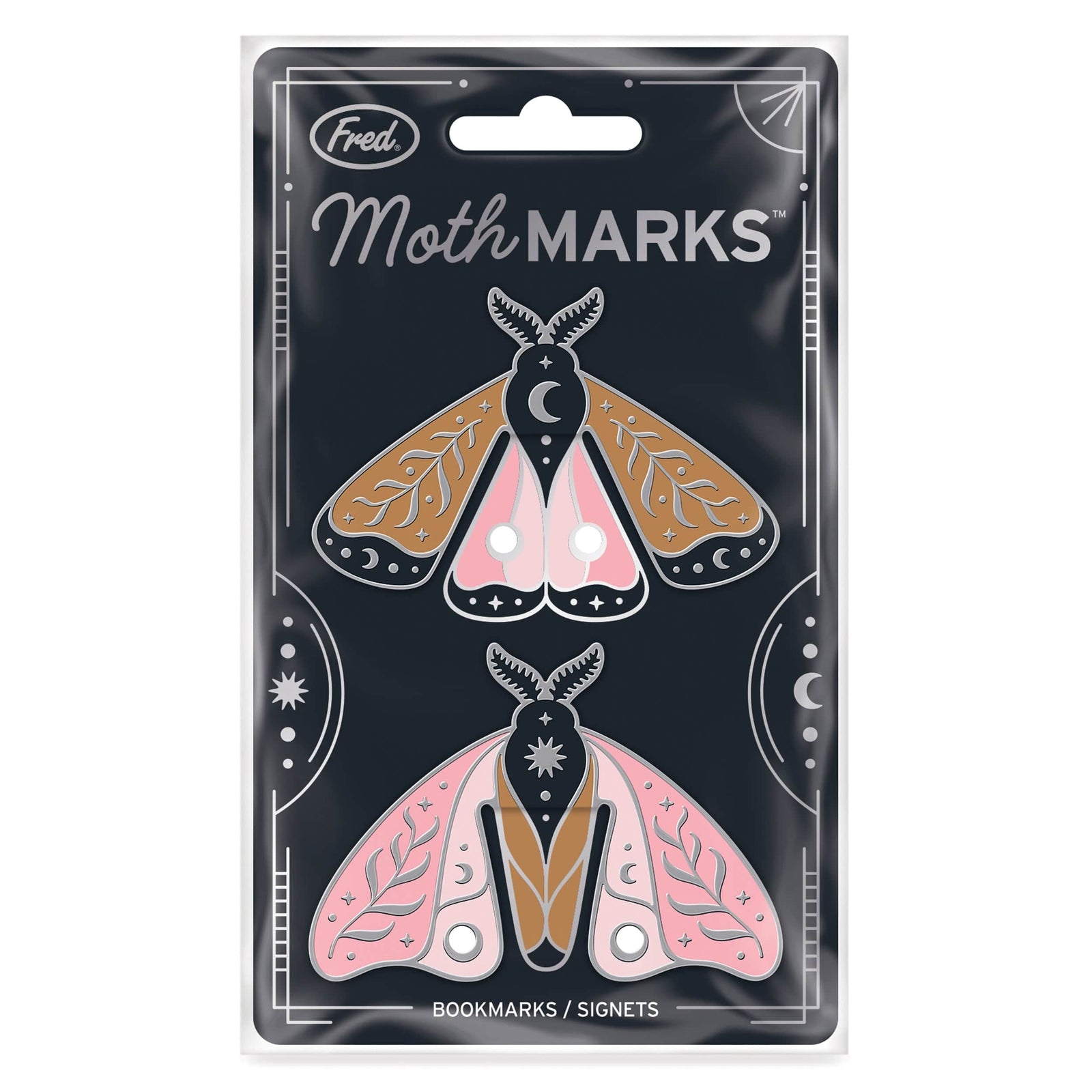 Set of 2 Packaged Moth MARKS steel bookmarks with moth designs on a black background