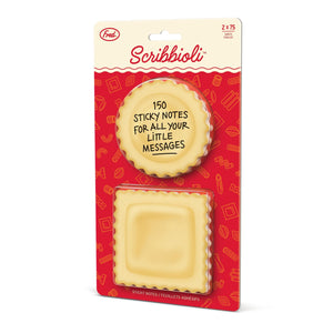 Scribbioli pasta shaped sticky notes packaging with red background 