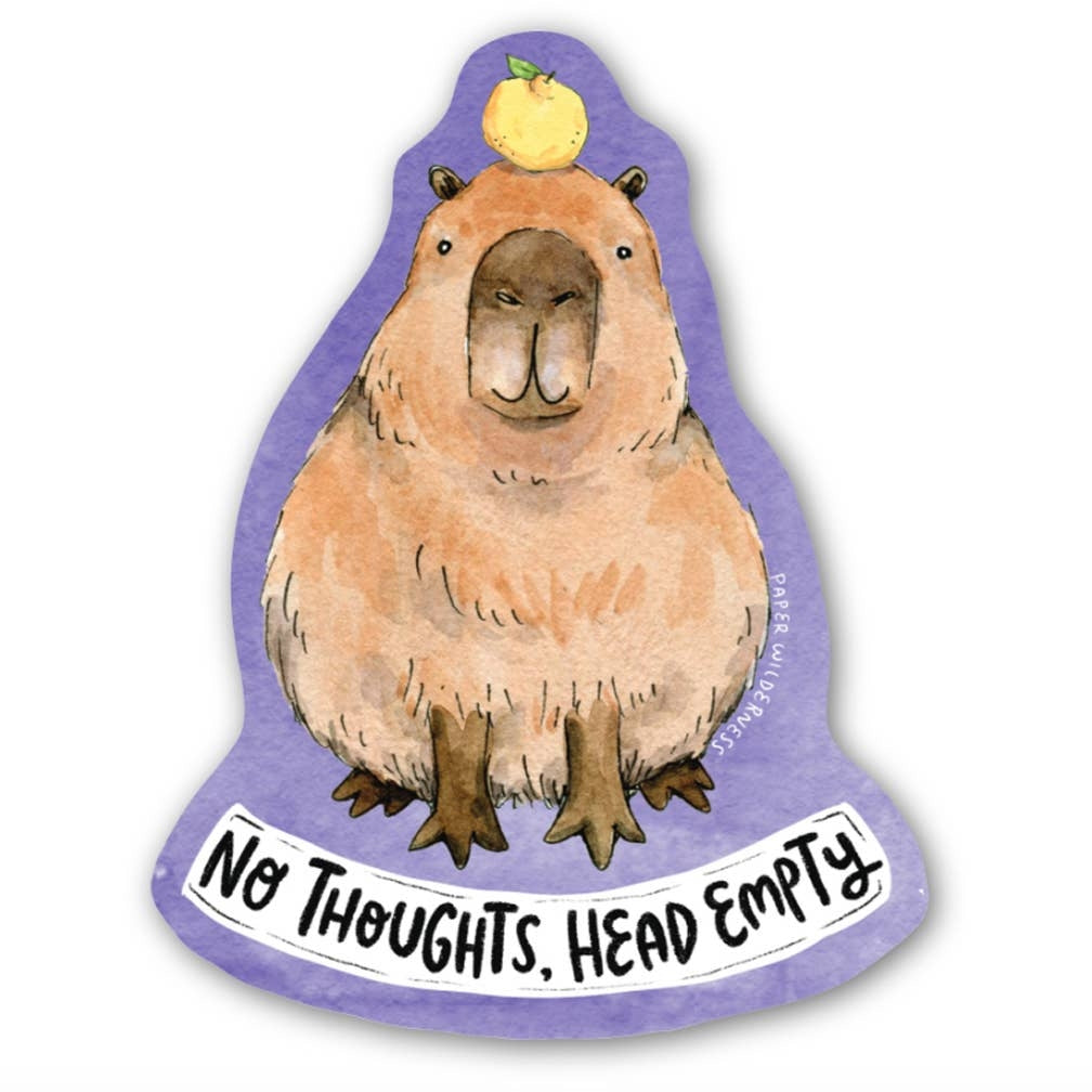 Sticker of a capybara with a lemon on its head and 'No Thoughts, Head Empty' text on a purple background.