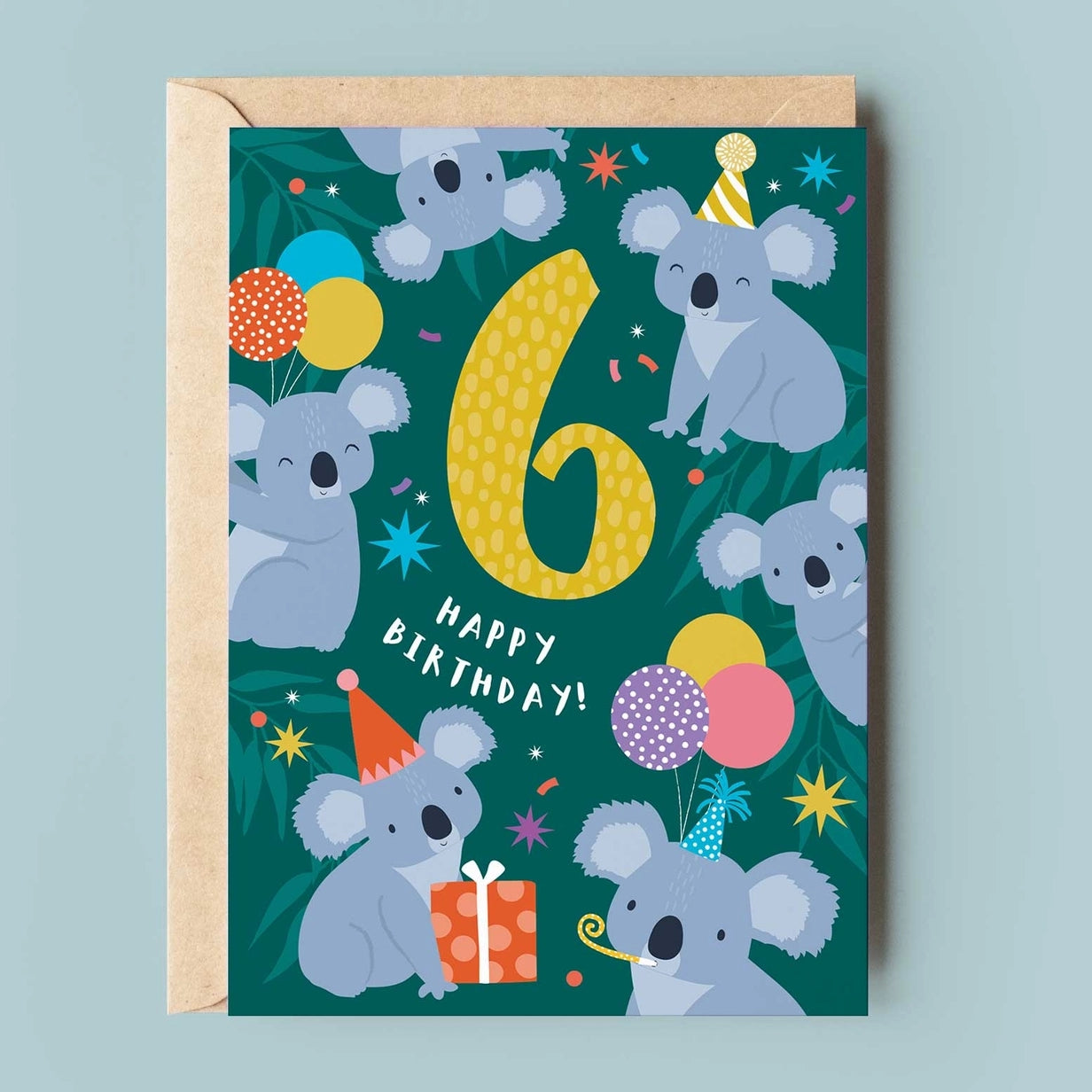 Greeting card featuring illustrations of smiling Koalas. Two are wearing party hats while another two are carrying balloons and a gift box. The text '6' and 'Happy Birthday' are printed on a green background along with the illustrations. 