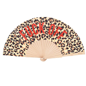 Open handheld fan with wooden ribs with the text 'FUCK OFF' on a leopard print background. 