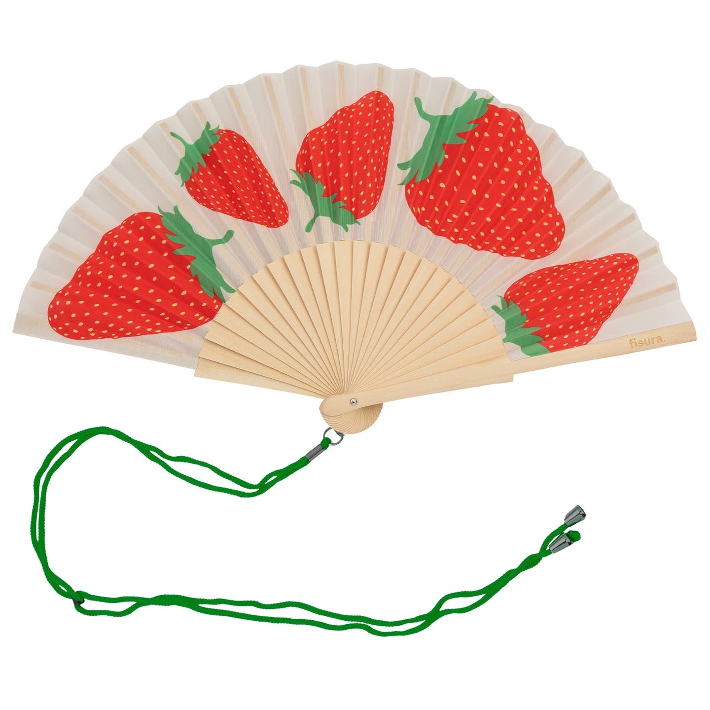 Handheld fan with wooden ribs and a red and green strawberry design on a white background. The fan is attached to a green lanyard to wear around your neck. 