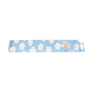 Packaging box for a hand fan with white clouds on a blue background design. 