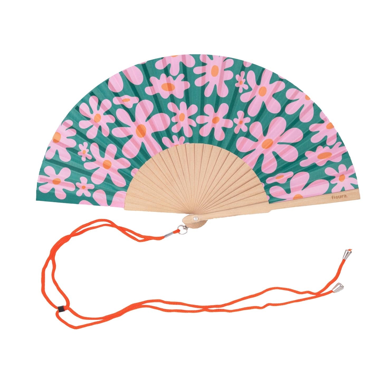 Open handheld fan with wooden ribs and pink and orange flowers on a green background. The fan is attached to an orange lanyard to wear around your neck. 