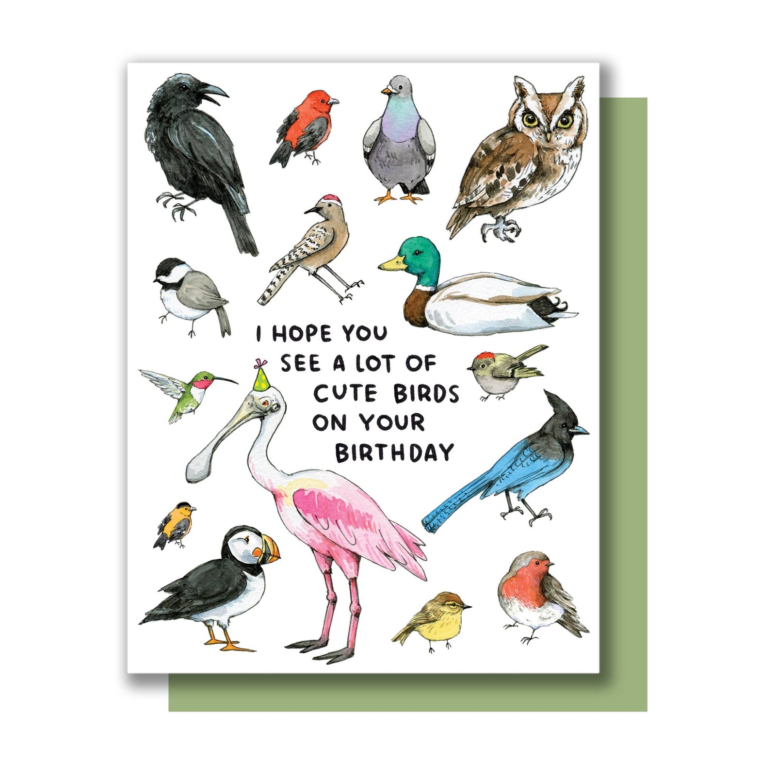 Greeting card with illustrations of various birds and the text 'I hope you see a lot of cute birds on your birthday',.
