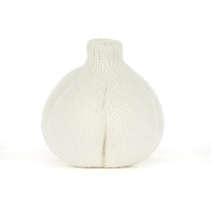 Back view of a knitted white-coloured garlic-shaped plush toy on a white background.