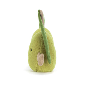 Side view of two green Jellycat olive plushes holding hands on a white background.