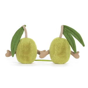 Back view of two green Jellycat olive plushes holding hands on a white background.