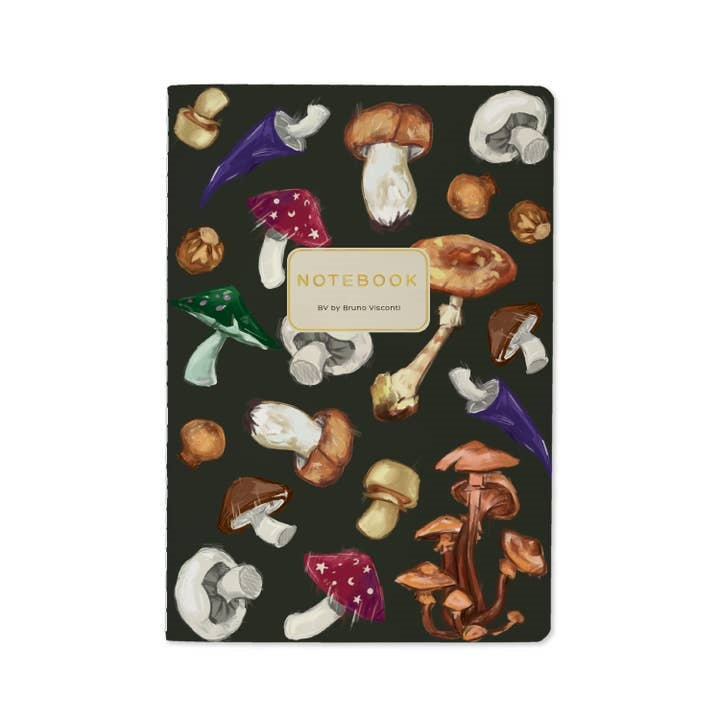 Mushrooms On Black Lined Notebook