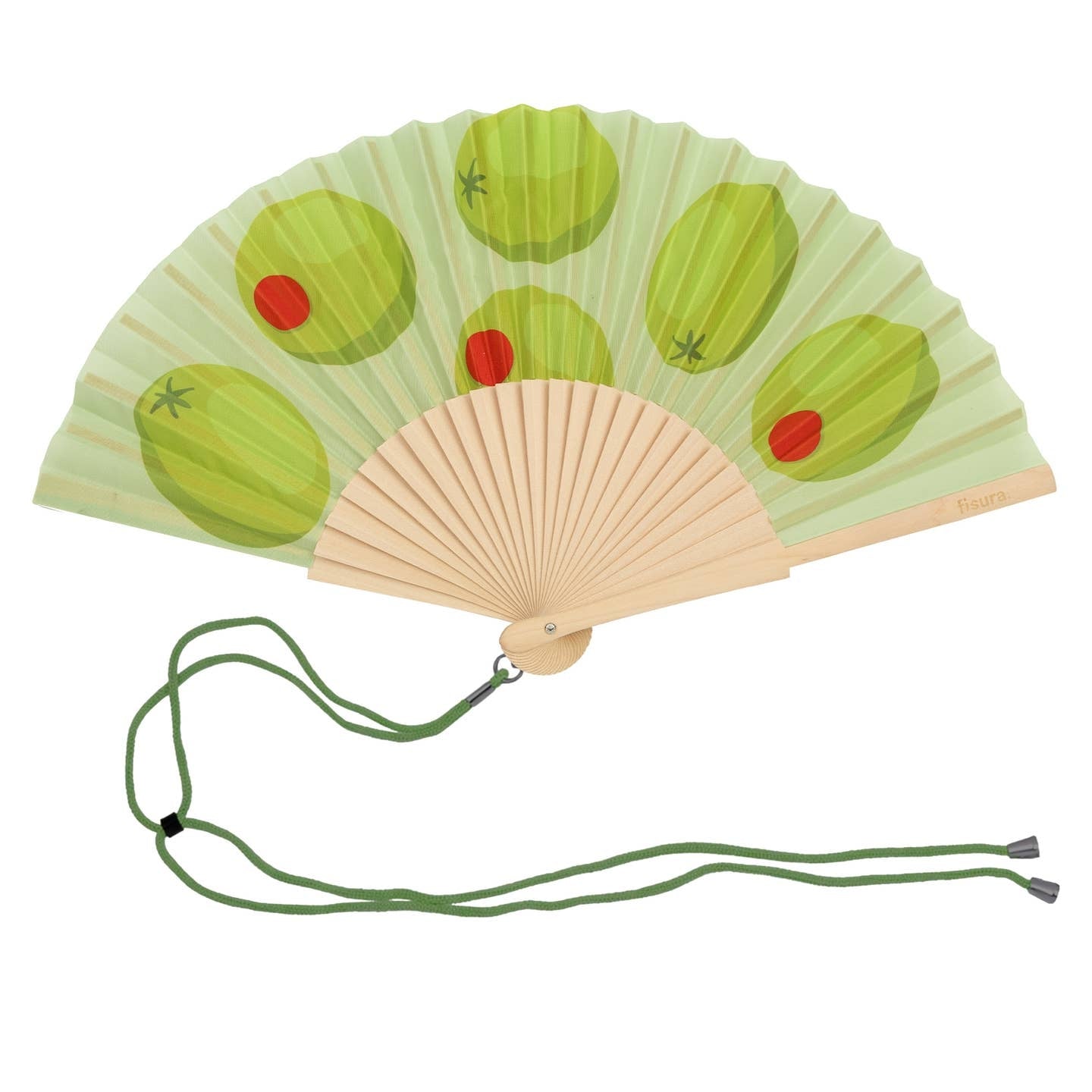Handheld fan with wooden ribs and a green and red olive design on a green background. The fan is attached to a green lanyard to wear around your neck. 