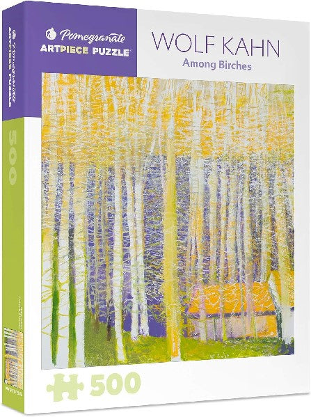 white puzzle box with green and purple accents. the centre of the box has an image of a painted landscape in green, yellow, purple, and white