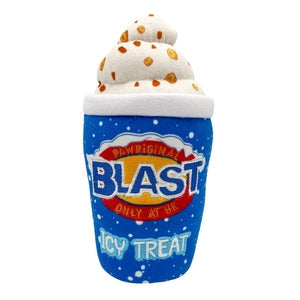 A blue novelty toy designed to look like an ice cream cup.  The logo for 'Blast' is printed on the centre of the toy while the text 'Icy Treat' is also printed on the toy. 