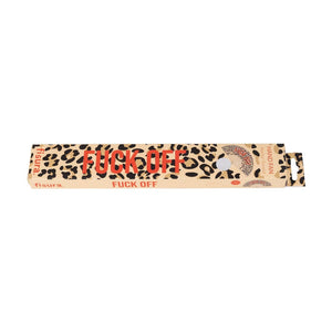 Packaging box for a handheld fan with the text 'FUCK OFF' on a leopard print background. 