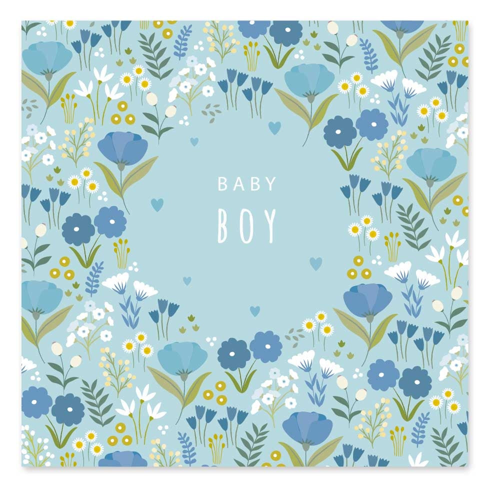 Greeting card featuring a blue floral design surrounding the text 'Baby Boy' on a light blue background.