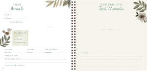 Two pages from a baby book with floral designs and text fields.