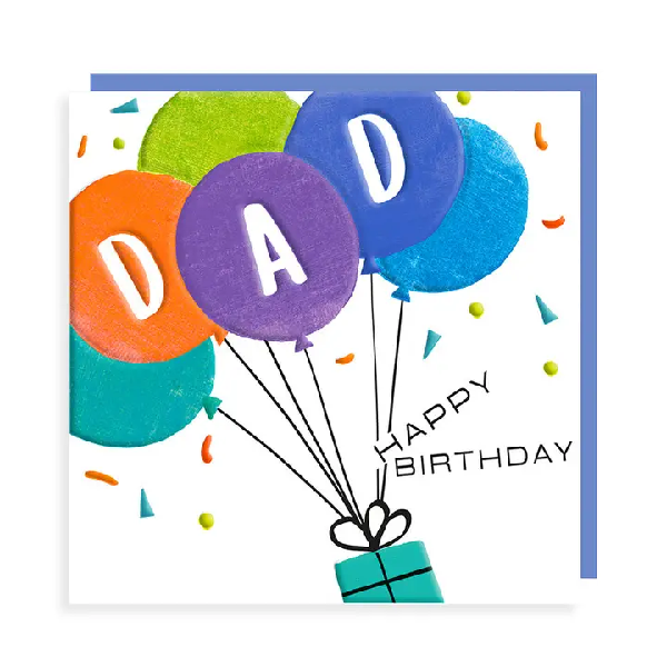 White birthday card. Balloons that spell out "dad" are tied to a gift, with the text "happy birthday" on the side.