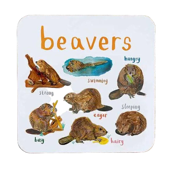 Coaster featuring illustrations of beavers on a white background. Each beaver is labelled, while the text 'Beavers' is printed on the top. The coaster sits on a white surface.