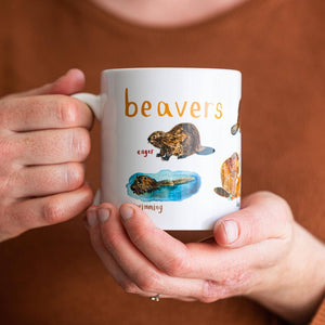 A person holding a mug with beaver illustrations on a white background. The text 'Beavers' is printed over the illustrations along with text labelling each image. 