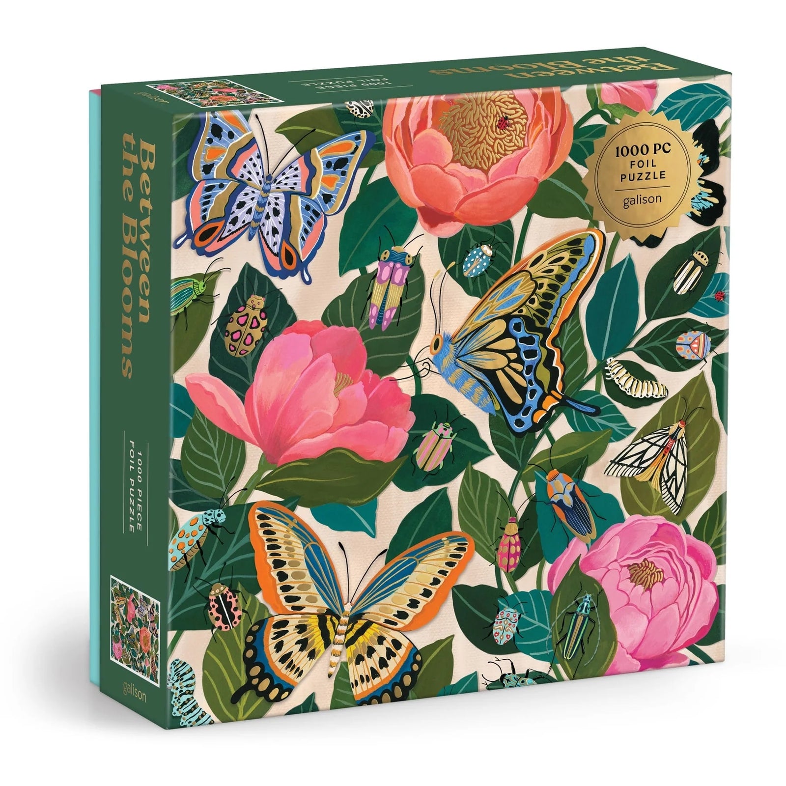 Puzzle box showing colourful flowers, leaves, butterflies and bugs on a white background.
