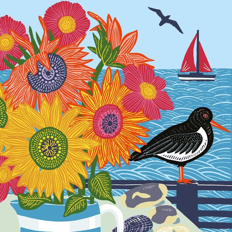 Bird & Flowers By The Sea Blank Art Card