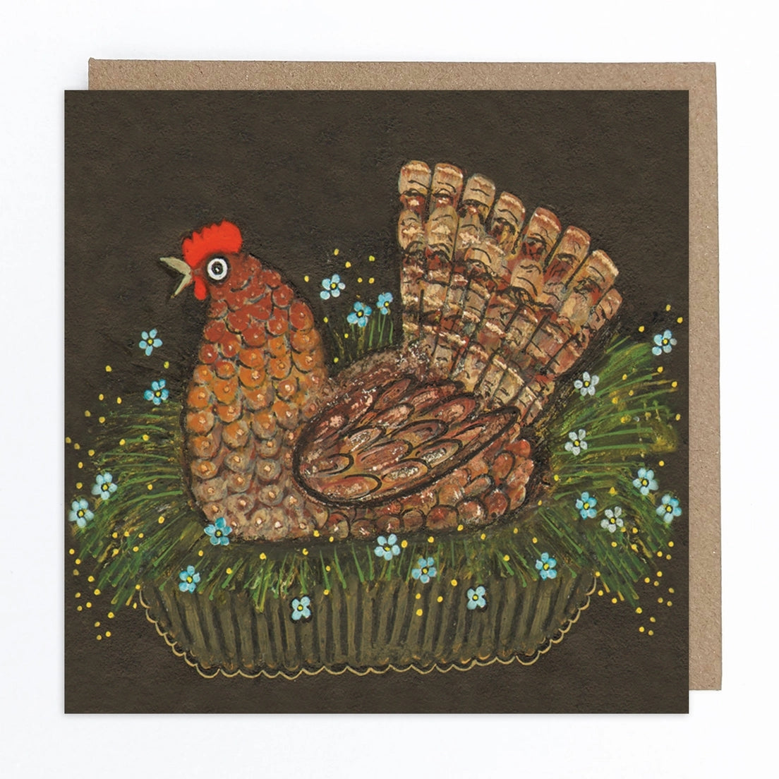 Greeting card featuring a folk art style illustration of a hen perched inside a pot containing blue flowers on a dark background. 