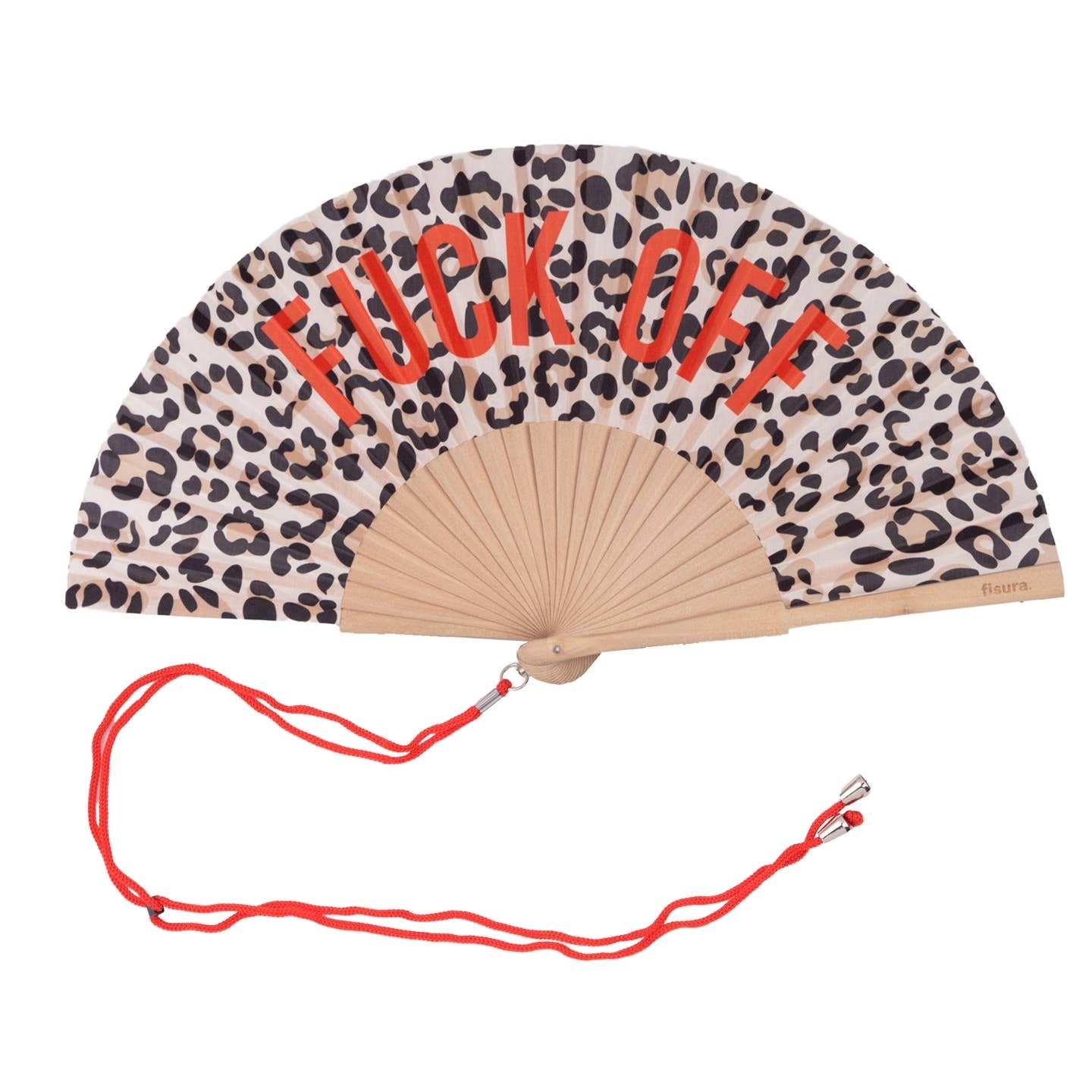Open handheld fan with wooden ribs with the text 'FUCK OFF' on a leopard print background. The fan is attached to an orange lanyard to wear around your neck. 