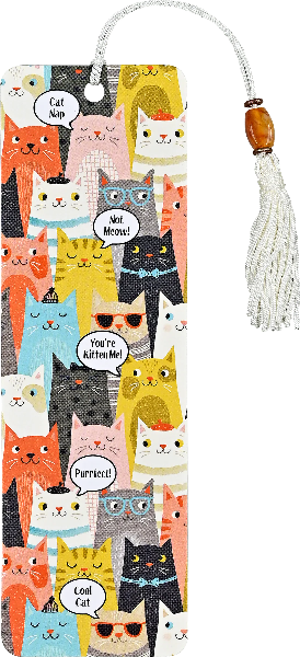 cute bookmark filled with with pink, white, black, blue, orange, and yellow cats. some of the cats have text bubbles that say "cat nap", "not meow!", "purrfect!", and "cool cat". a white twisted string is attached to the top of the bookmark
