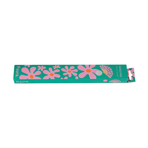 Floral-patterned product packaging for a handheld fan. 