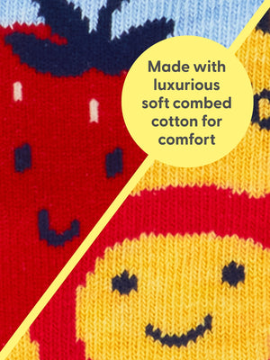 Close-up image of the designs shown on two different socks. One shows a closeup of a red strawberry with a smiling face on a blue background, while the other shows the red outline of a smiling face on a yellow background. The text 'Made with lucurious soft combed cotton for comfort' is printed over the images. 