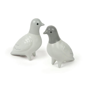 Image of a pigeon-themed salt and pepper shaker set on a white background.