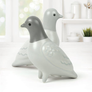 Image of a pigeon-themed salt and pepper shaker set. They sit on a white surface, with shelves in the background.