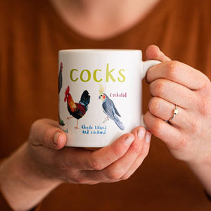 Person holding a white mug with colourful bird themed illustrations. The text 'Cocks' is printed over the birds while different bird names are printed beside each illustration. 