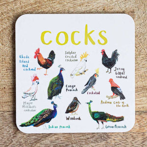 Coaster featuring illustrations of birds on a white background. Each bird is labelled, while the text 'Cocks' is printed on the top. The coaster sits on a wooden surface.