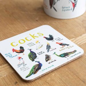 Coaster featuring illustrations of birds on a white background. Each bird is labelled, while the text 'Cocks' is printed on the top. The coaster sits on a wooden surface.