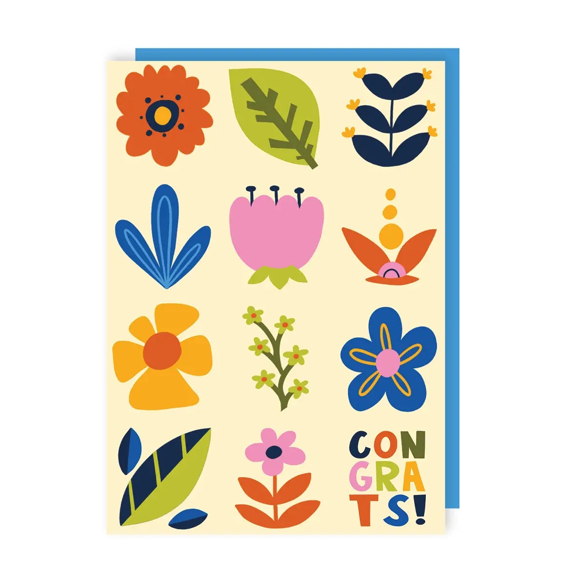 Greeting card featuring a colourful floral design with the text 'Congrats! on a yellow background. 