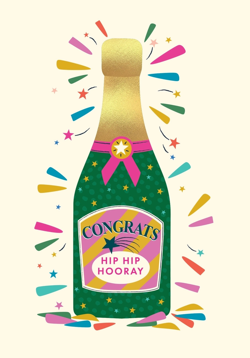 Greeting card featuring an illustration of a bottle of champagne with a striped label and the text 'Congrats' and 'Hip Hip Hooray'. Colourful stars and confetti-like strokes surround the bottle on a light coloured background. 
