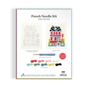 Back of a DIY box featuring images of the contents of the box. This includes a stretched canvas, a punch needle & threader, 9 yarn colours and an image of the finished canvas design.