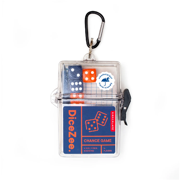 rectangular clear plastic box with dice, text, and a carabiner attached on a white background. main texts read "dicezee" and "weatherproof travel friendly". kikkerland product