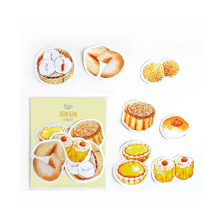 cute dim sum-themed sticker set including a moon cake, a sesame ball, an egg tart, and more.