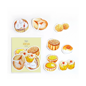 cute dim sum-themed sticker set including a moon cake, a sesame ball, an egg tart, and more.