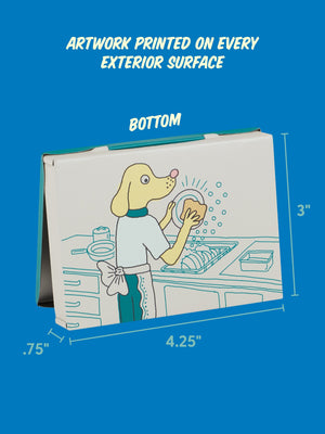 Back view of an open pocket-sized storage tin featuring an illustration of a yellow dog washing dishes in the kitchen. The dog wears blue pants, a shirt and an apron. The product dimensions are labelled beside the image of the tin, while the text 'Artwork printed on every exterior surface' is printed above the tin.