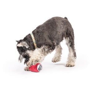 Image of a dog playing with a red dog toy in the shape of a can of drink.