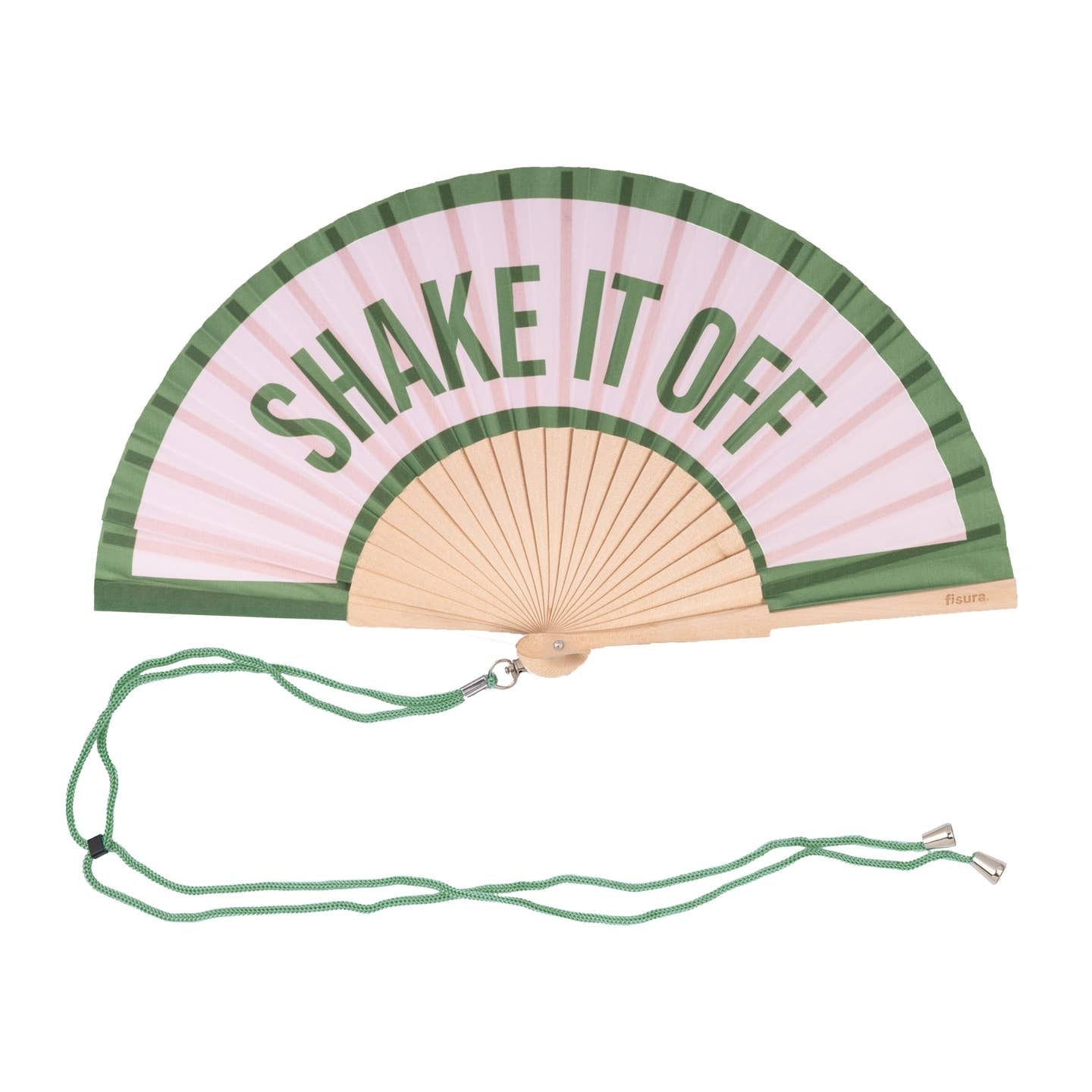 Open handheld fan with wooden ribs and the green text 'SHAKE IT OFF' printed on a light pink background with a green border. The fan is attached to a green lanyard to wear around your neck. 