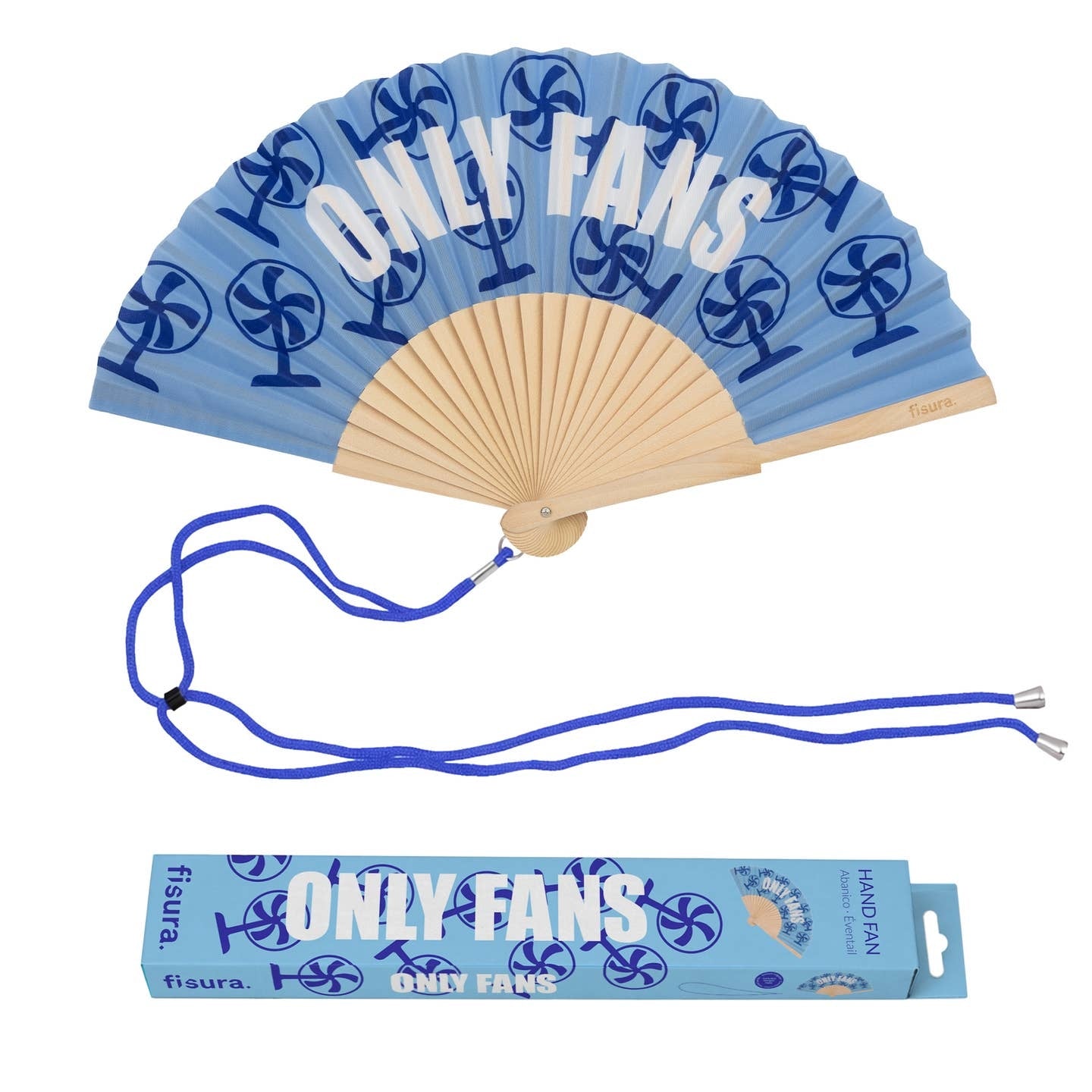 Open handheld fan with wooden ribs and a dark blue fan design and the text 'ONLY FANS' on a light blue background. The fan is attached to a blue lanyard to wear around your neck. The packaging for the box sits underneath the fan. 