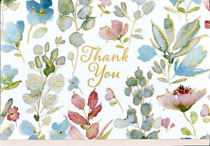 Card wiih floral watercolour design with 'Thank You' text on a white background