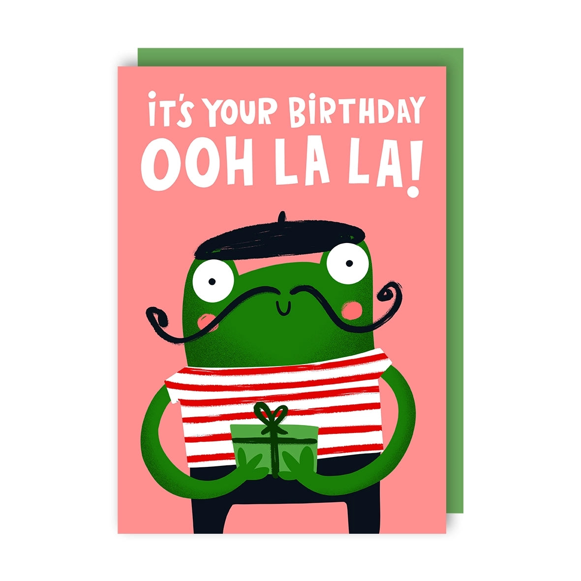 Greeting card featuring an illustration of a French frog wearing a mustache, black beret and striped shirt, holding a gift. The text 'It's your birthday ooh la la!' sits over the frog on a pink background. 