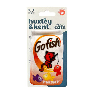 A novelty cat toy designed to look like a pack of Goldfish crackers. The logo for 'Go Fish' is printed at the top of the toy. An illustration of an orange cat is pictured catching a fish with a fishing rod while other fish are shown below. 